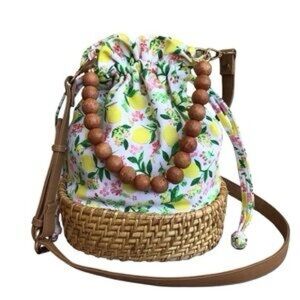 Floral Lemon Print Bucket Bag with Wooden Bead Strap